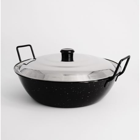 Poêle creuse émaillée 28cm avec couvercle Inox - Garcima