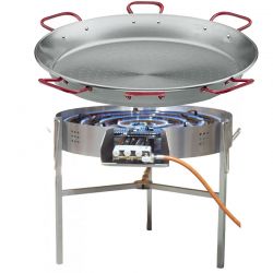 Kit à paella - 200 personnes - Maxi pare-flamme inox - Plat acier - veilleuse - thermocouple