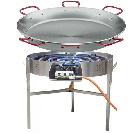Kit à paella - 200 personnes - Maxi pare-flamme inox - Plat acier - veilleuse - thermocouple