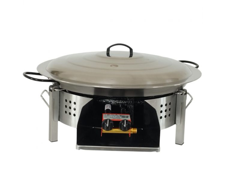 Kit paella Surpuissant - Pare-flammes plan de travail 60cm inox - 25 personnes - Plat pata negra 65cm avec couvercle inox