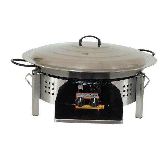 Kit paella thermocouple - Pare-flammes plan de travail 60cm inox - 25 personnes - Plat pata negra 65cm avec couvercle inox