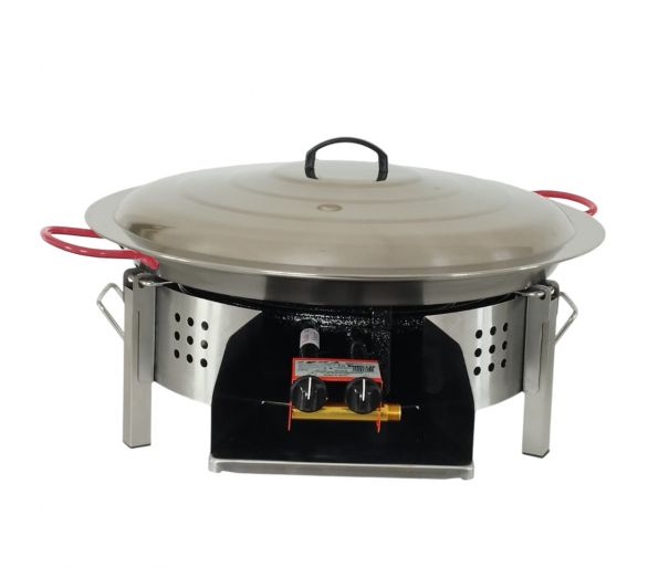Kit paella thermocouple - Pare-flammes plan de travail 60cm inox - 25 personnes - Plat acier 65cm avec couvercle inox