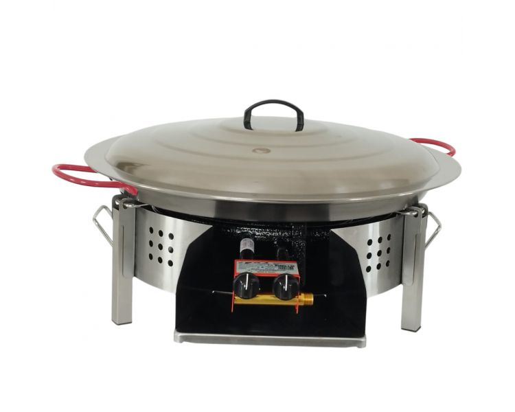 Kit paella Thermocouple - 40 personnes - Pare-flammes plan de travail 70cm inox - Plat acier avec couvercle inox