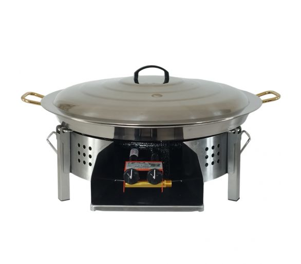 Kit paella thermocouple - Pare-flammes plan de travail 60cm inox - 25 personnes - Plat inox 65cm avec couvercle inox