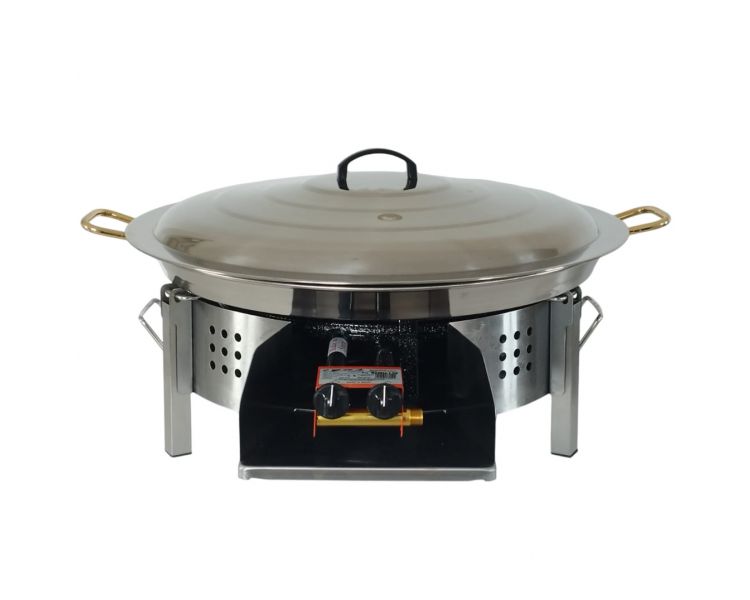 Kit paella Classique - Pare-flammes plan de travail 60cm inox - 25 personnes - Plat inox 65cm avec couvercle inox
