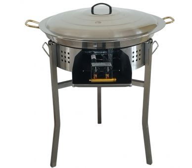 Kit paella thermocouple - Pare-flammes 60cm inox - 30 personnes - Plat inox 70cm avec couvercle inox