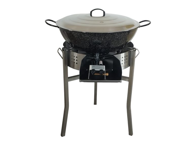 Kit Poêle creuse - pare flammes 45cm inox - 70 personnes - Plat creux émaillé 65cm - Couvercle