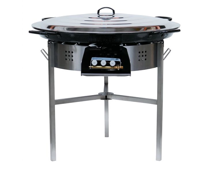 Kit à paella thermocouple - Pare-flammes 60cm inox - 40 personnes - Plat émaillé 80 cm avec couvercle inox