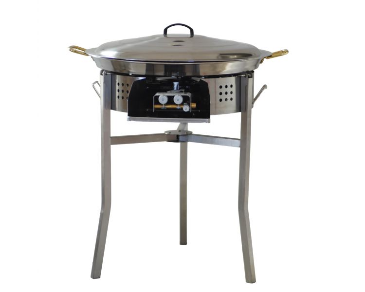 Kit à paella thermocouple - Pare-flammes 60cm inox - 40 personnes - Plat inox avec couvercle inox