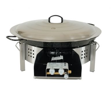 Kit paella Surpuissant - Pare-flammes plan de travail 60cm inox - 25 personnes - Plat émaillé 65cm avec couvercle inox