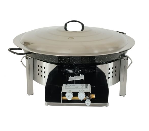 Kit paella Surpuissant - Pare-flammes plan de travail 60cm inox - 25 personnes - Plat émaillé 65cm avec couvercle inox