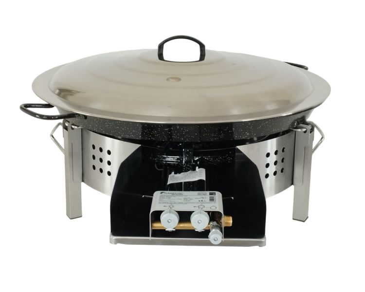 Kit paella thermocouple - Pare-flammes plan de travail 60cm inox - 30 personnes - Plat émaillé 70cm avec couvercle inox