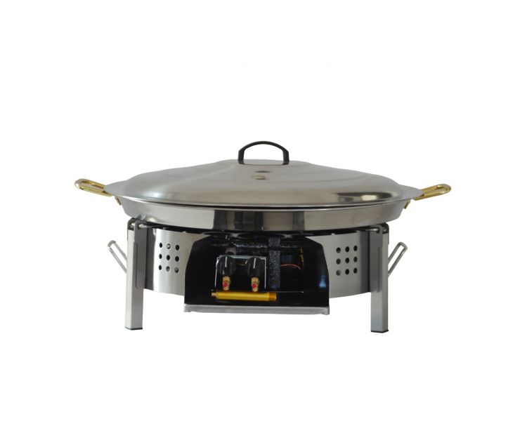 Kit paella Thermocouple - 40 personnes - Pare-flammes plan de travail 70cm inox - Plat Inox et couvercle inox