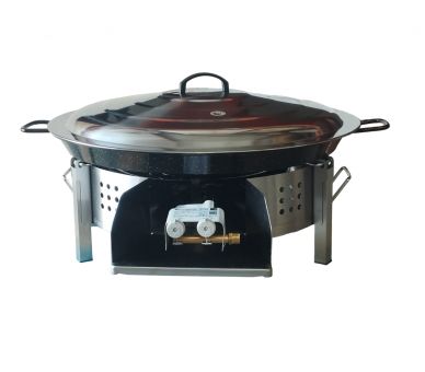 Kit paella Thermocouple - 40 personnes - Pare-flammes plan de travail 70cm inox - Plat émaillé avec couvercle inox