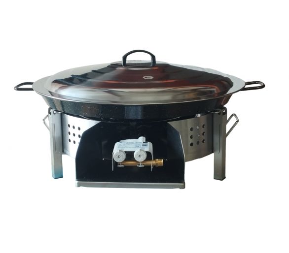 Kit paella Thermocouple - 40 personnes - Pare-flammes plan de travail 70cm inox - Plat émaillé avec couvercle inox