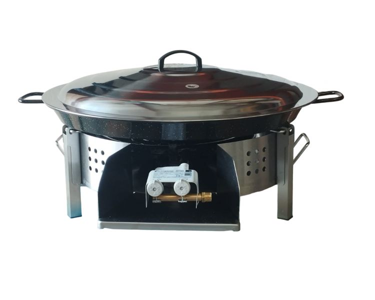 Kit paella Thermocouple - 40 personnes - Pare-flammes plan de travail 70cm inox - Plat émaillé avec couvercle inox