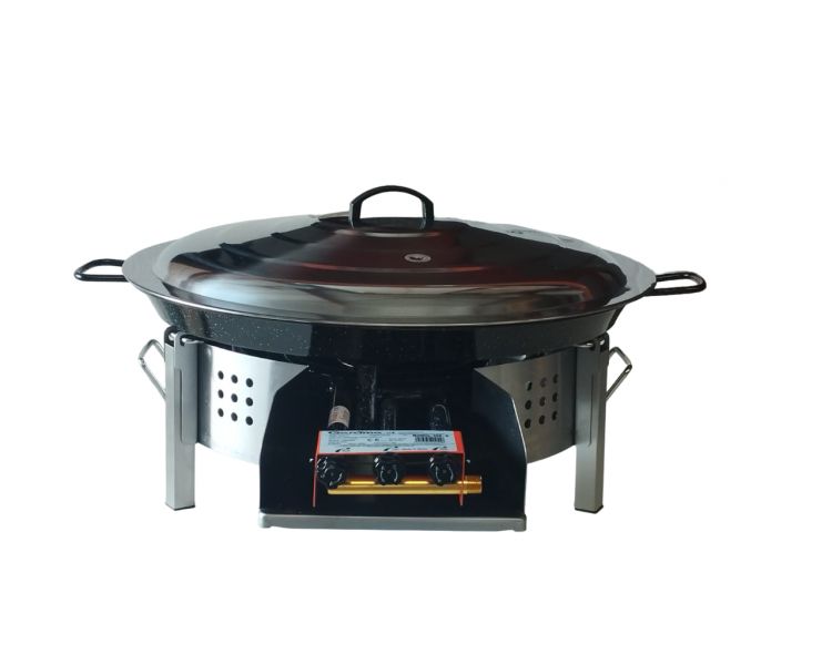 Kit paella Surpuissant 40 personnes - Pare-flammes plan de travail 70cm inox - Plat émaillé avec couvercle inox