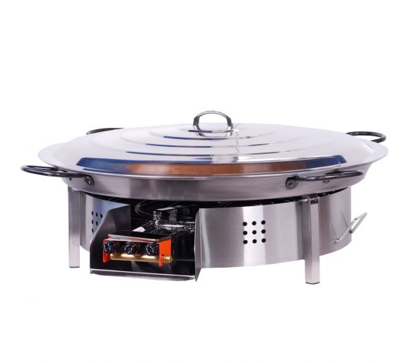 Kit paella Thermocouple - 40 personnes - Pare-flammes plan de travail 70cm inox - Plat pata negra avec couvercle inox