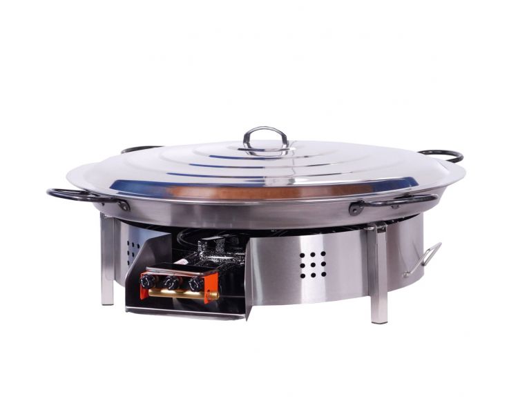 Kit paella Classique 40 personnes - Pare-flammes plan de travail 70cm inox - Plat pata negra avec couvercle inox