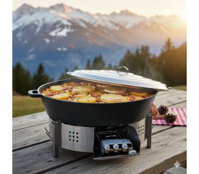 Kit tartiflette - pare flammes 80cm Inox - Plat fonte 80cm - H: 16cm sur table - réchaud au choix - couvercle inox