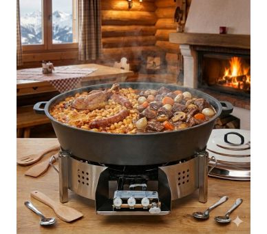 Mini Kit tartiflette - pare flammes 80cm Inox - Plat fonte 80cm - H: 16cm - thermocouple pro - couvercle