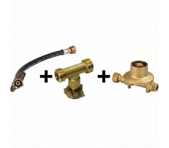 kit de couplage 2 bouteilles de gaz, lyre 70 cm + T + détendeur butane 29 mbar 2.6kg/h